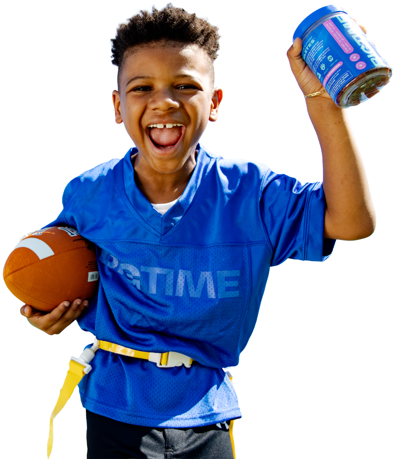 Child in a blue sports jersey holding a football and a container, on a white background
