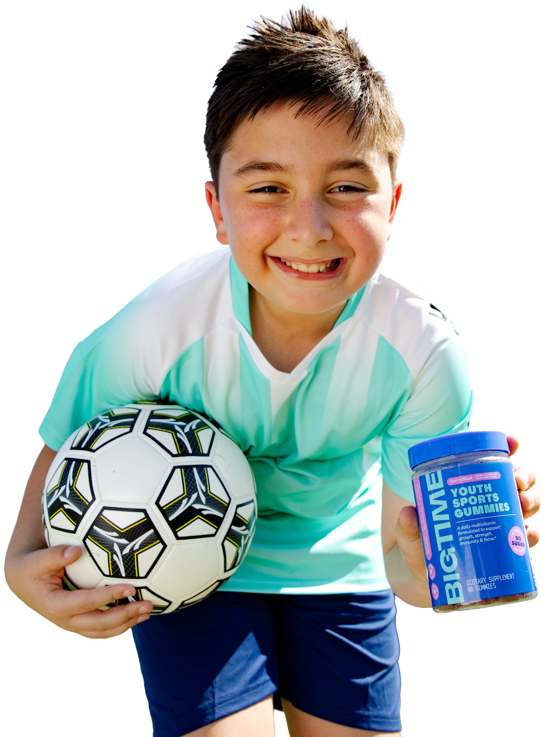 Child holding a soccer ball and a supplement container with a white background