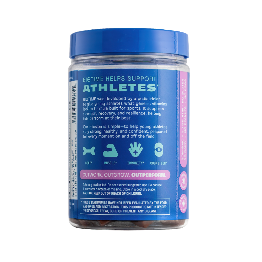 Supplement jar with blue lid and label on a white background