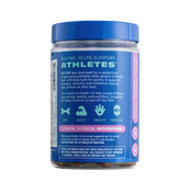Supplement jar with blue lid and label on a white background